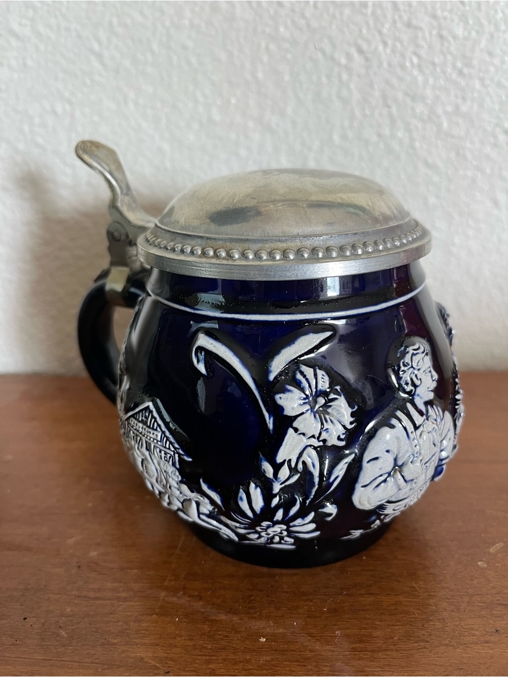 Vintage Cobalt Blue German Beer Stein Pewter Lid Cottagecore Barware Mug
